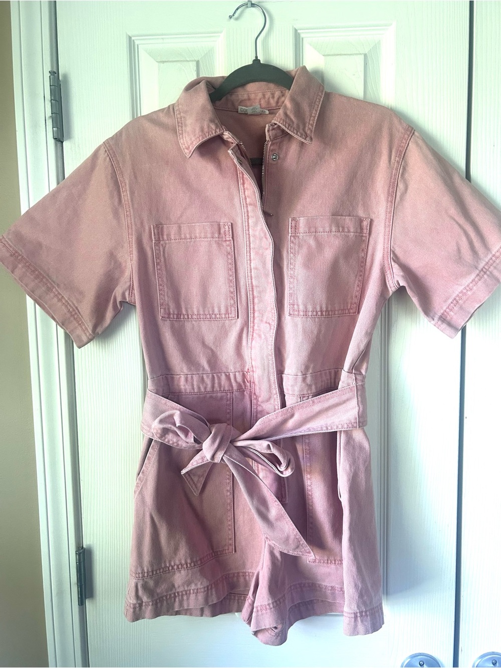 Future Collective Pink Denim Utility Romper Belted Shorts Size Small